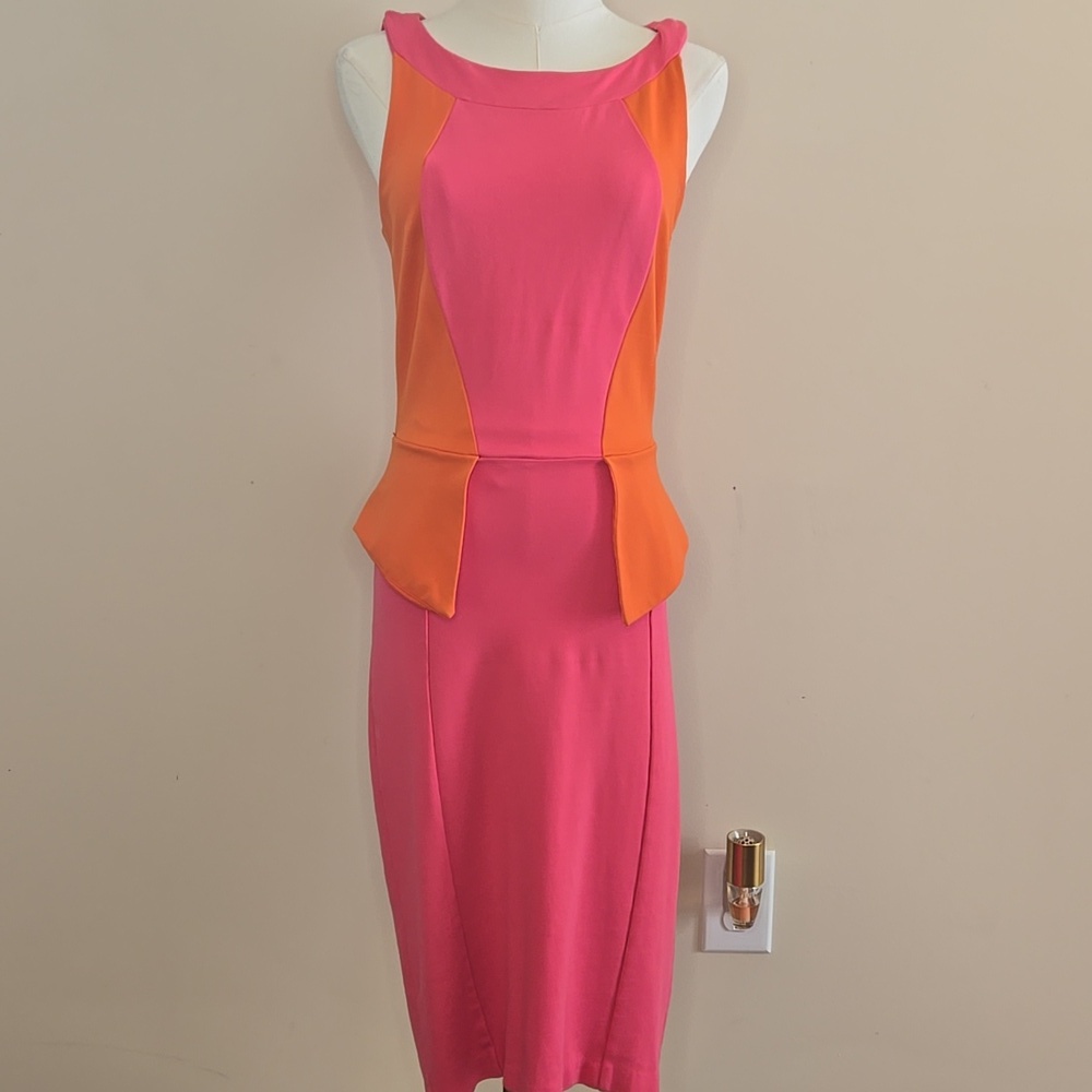Bebe Pink & Orange Colorblock Peplum Midi Dress – Bold Bodycon Small - Picture 2 of 5